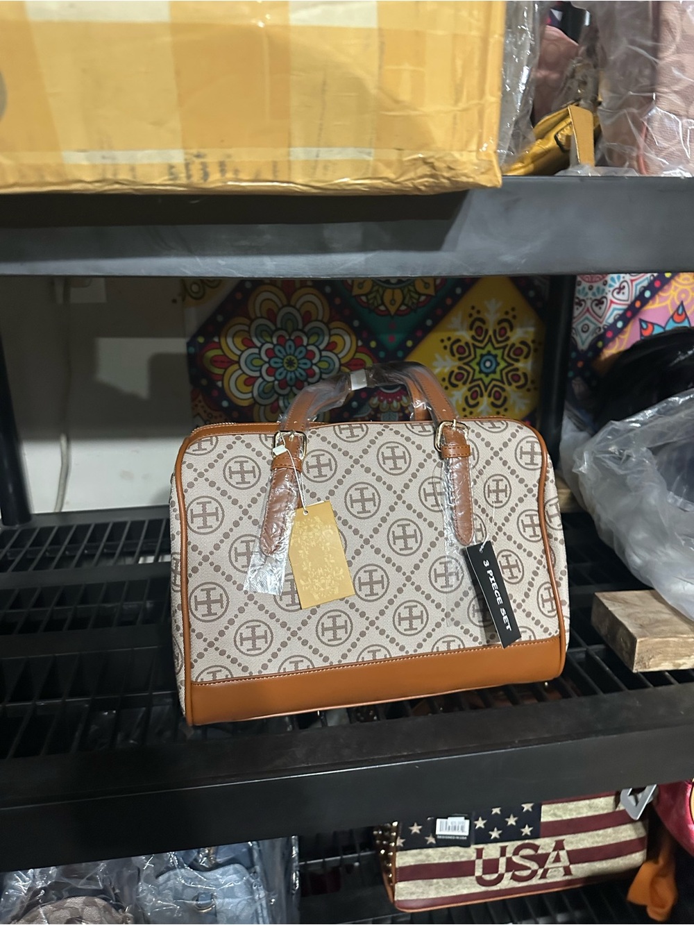 Patterned Cream & Tan 3 PC Satchel Handbag with a Small Bag & Matching Wallet